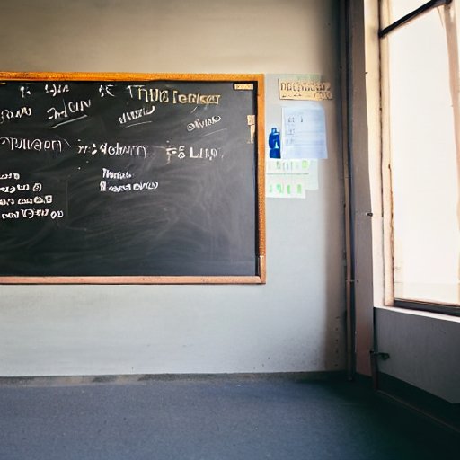 blackboard with pending tasks at the end of a classroom, with a windows near of it in a sunny day (stable diffusion)